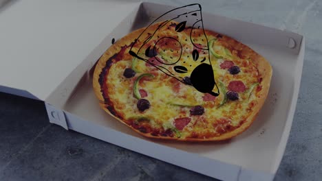 animation of pizza slice over box with pizza