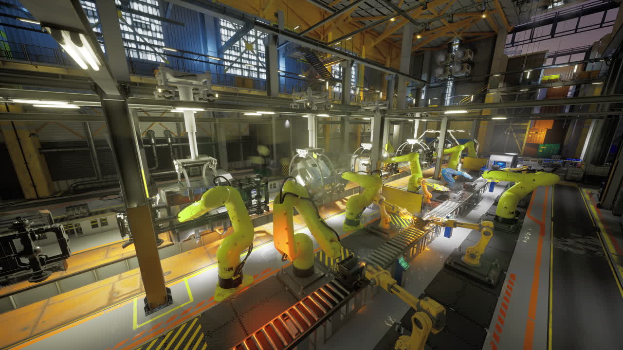 Linha de montagem robótica avançada operando em uma instalação industrial moderna