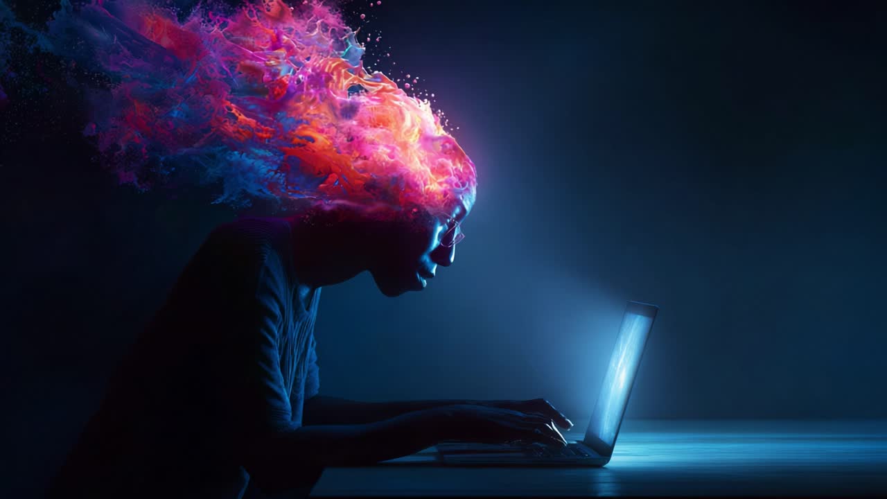 A creatively visualized representation of a person immersed in their thoughts, where vibrant colors and energy emanate from their head while interacting with a laptop, showcasing the intersection of technology and imagination