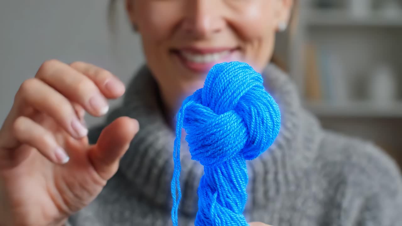 Woman Showing Blue Yarn Ball