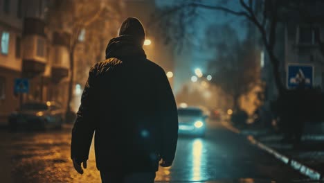 man walking on a rainy night street
