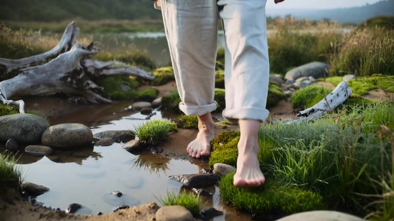 Placing foot on moss, barefoot person with cuffed pants stepping on marshy shore keeping feet dry