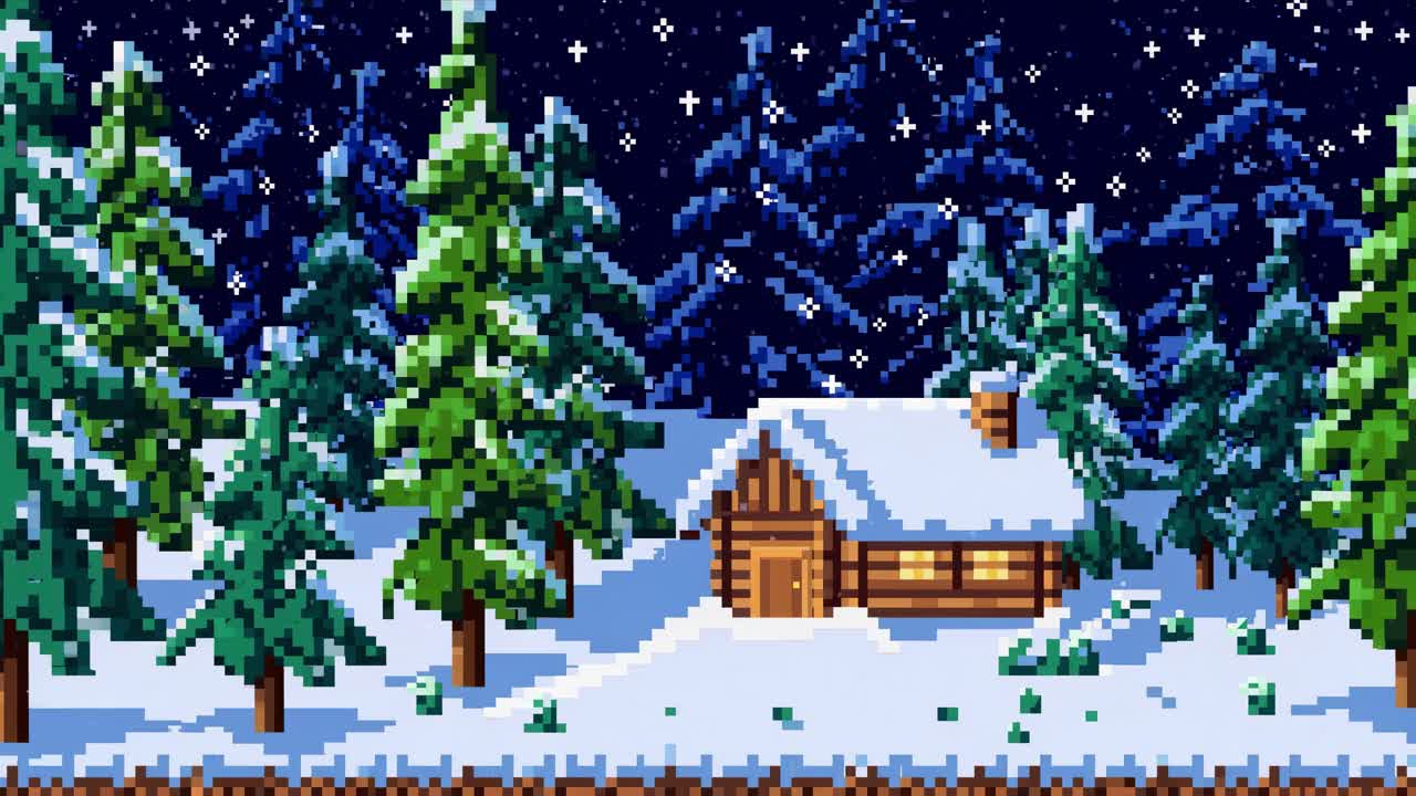 Snow falling on cozy wooden cabin and pine trees in winter forest at night, creating a peaceful and magical Christmas atmosphere in pixel art style