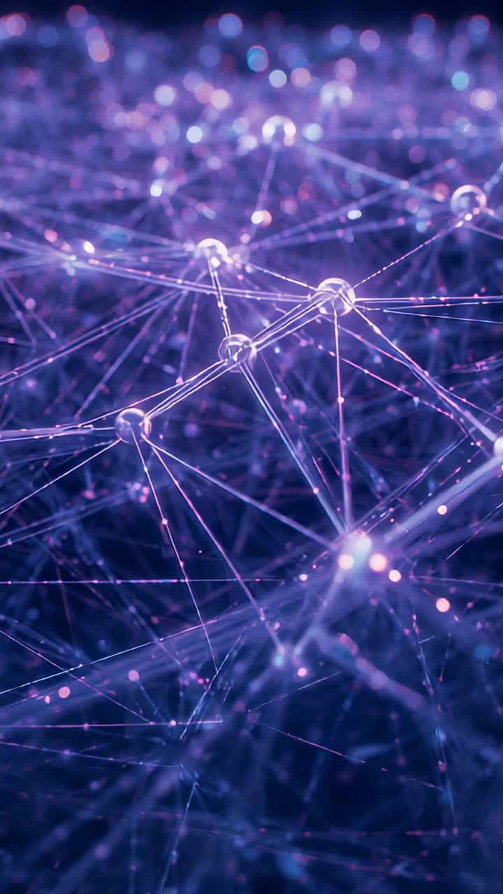 Vertical video: Moving camera nudging focus, pulsing mesh showing glass nodes in dark neon scene