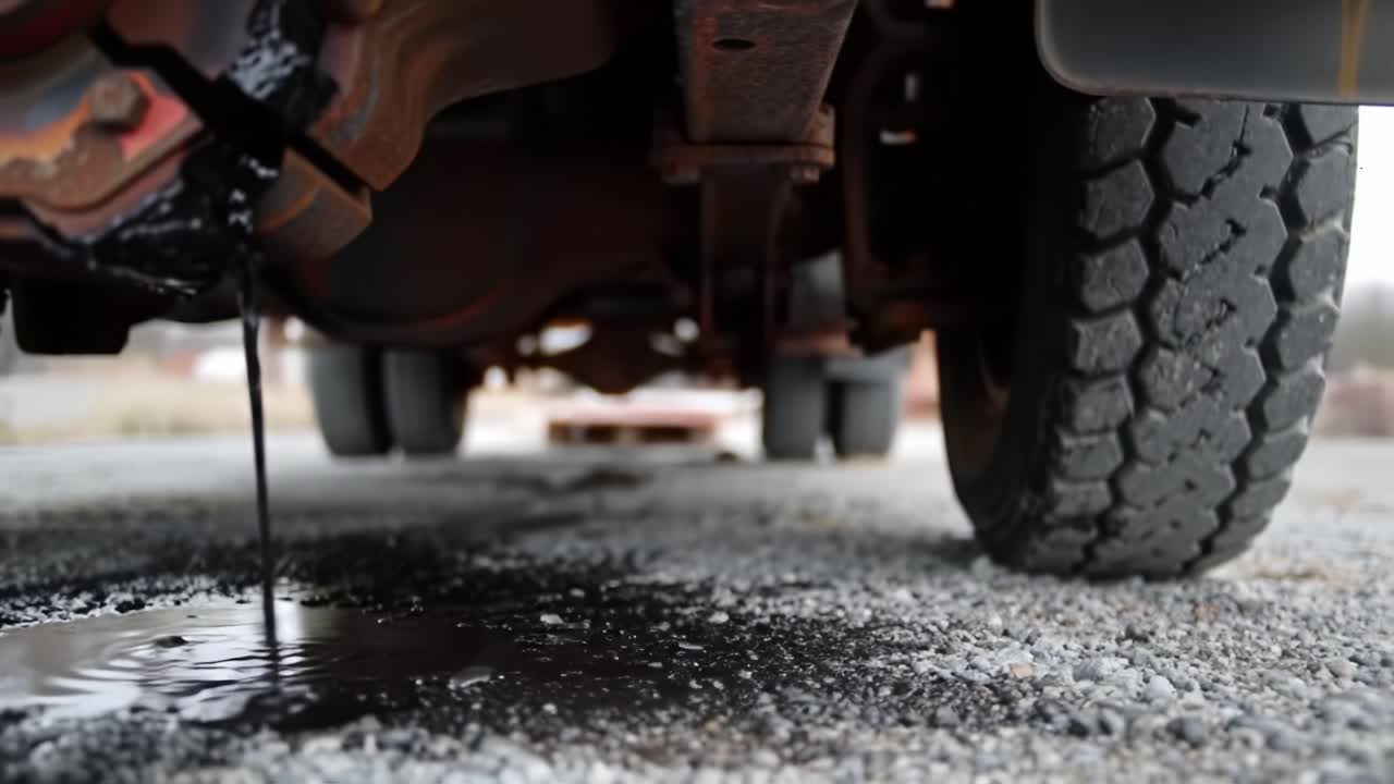 A vehicle is parked on a gravel surface with oil leaking from underneath. The dark liquid creates ripples in the puddle on the ground. This situation indicates a potential mechanical issue.