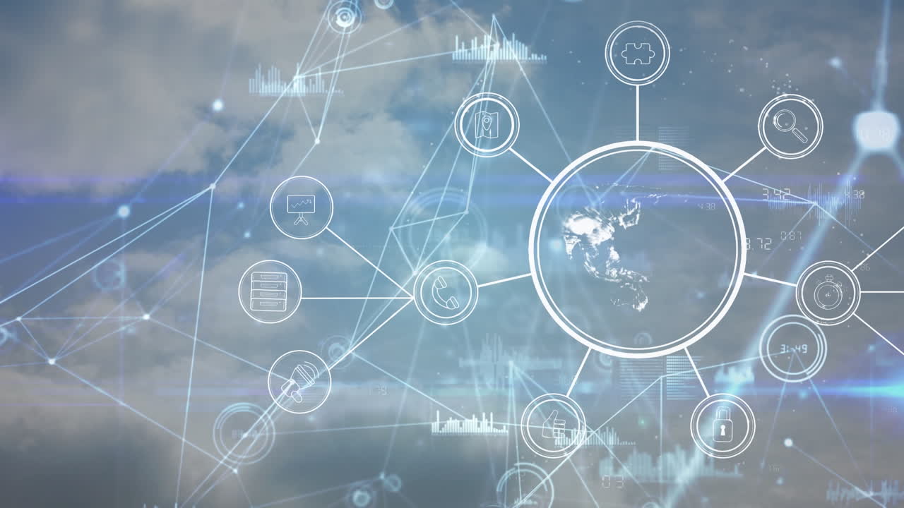 구름이 있는 하늘 위의 연결 네트워크와 아이콘의 애니메이션