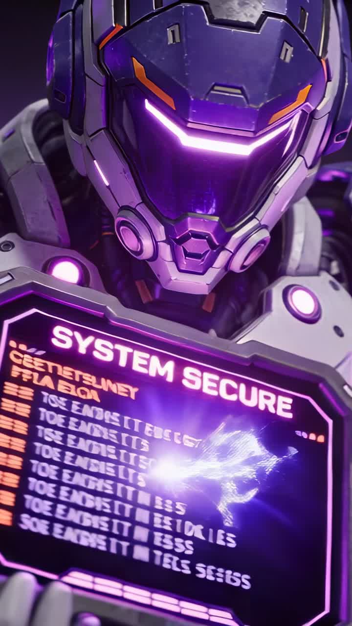 Futuristisk robot viser beskeden 'System Secure' på en glødende skærm