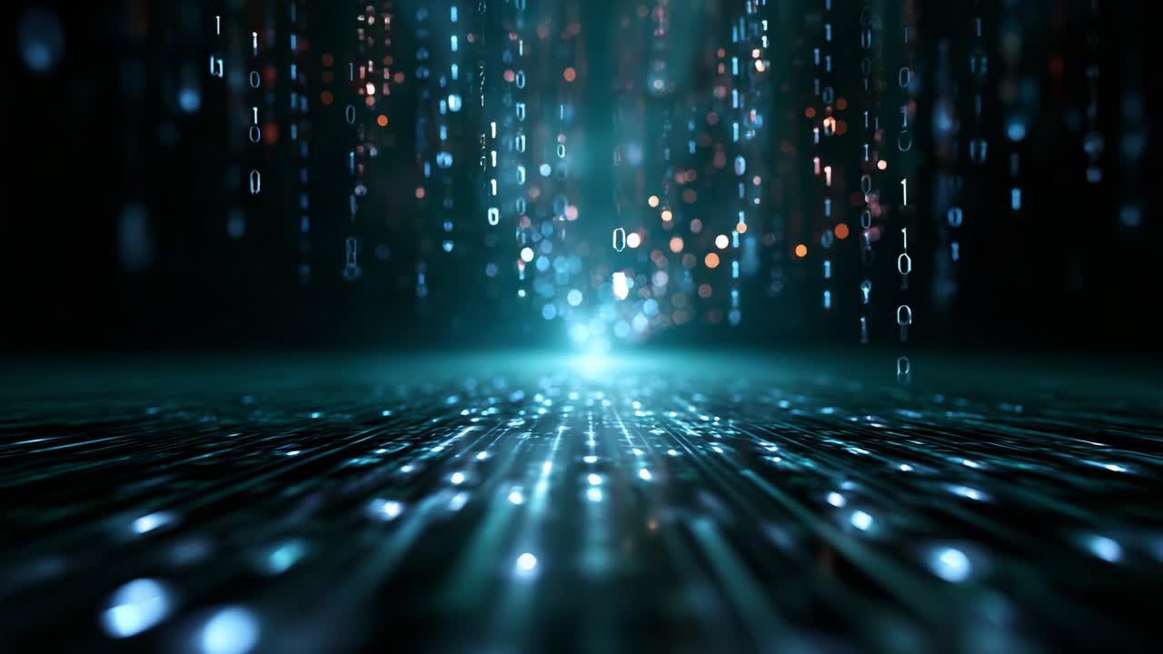 A mesmerizing digital landscape showcasing a cascade of binary data streams interspersed with vibrant sparkles, creating a futuristic ambiance that captivates the viewer's imagination and evokes the essence of technology