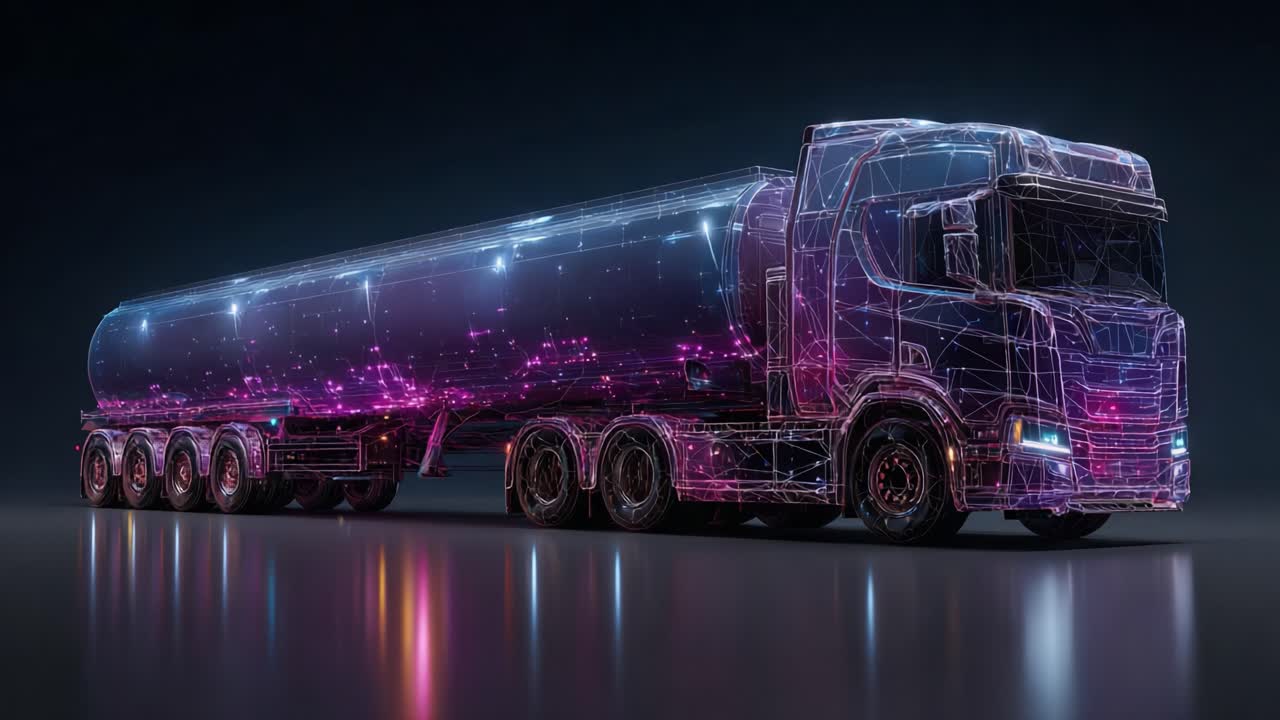 Visualization of a futuristic truck featuring a stunning digital wireframe design that transitions in color and detail across two frames, showcasing advanced technology in automotive engineering