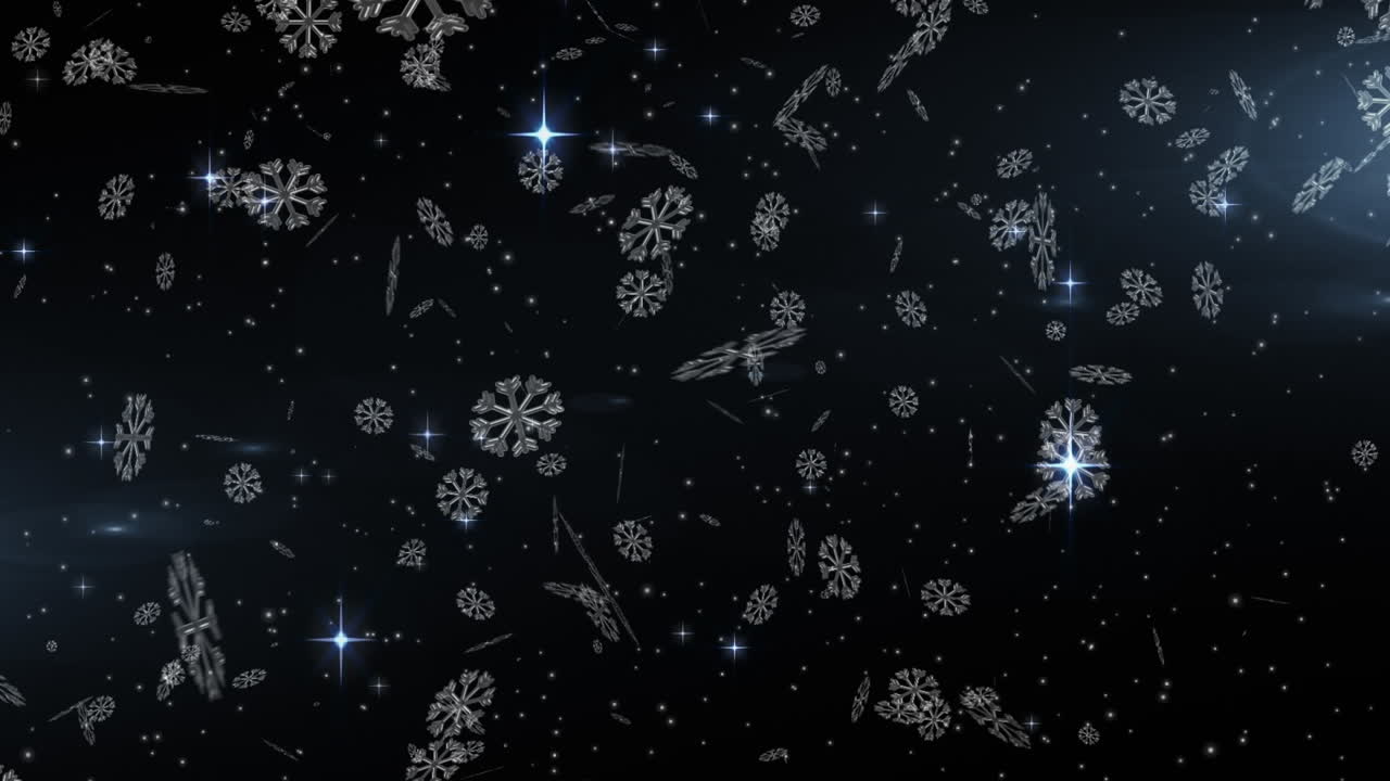 Digital animation of snowflakes falling against shining stars in night sky