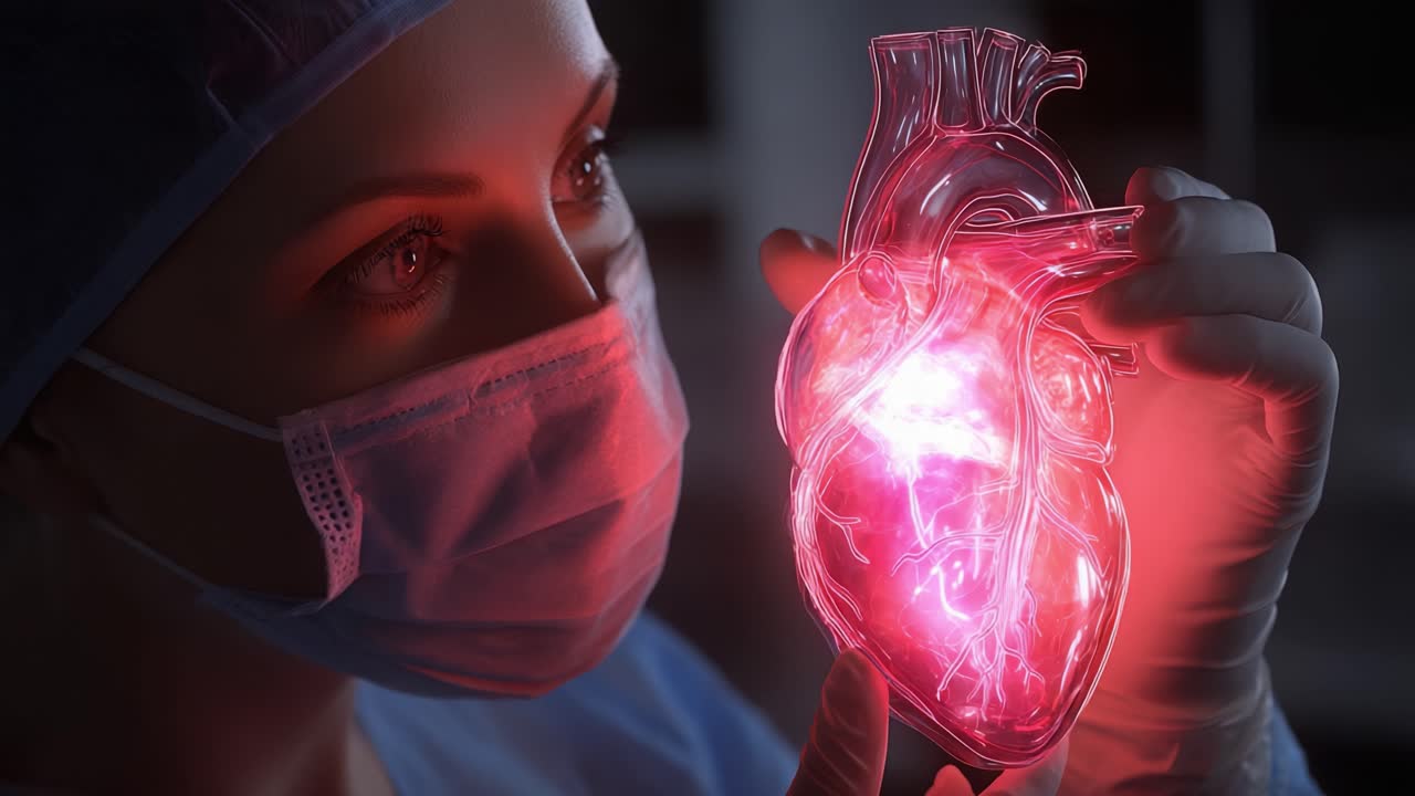 A Medical Professional Examines a Luminous Heart Model, Emphasizing the Importance of Cardiology and Health Visualization in Modern Medicine