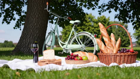 a serene outdoor picnic scene with wine, bread, and fruit, next to a vintage bicycle under a large tree