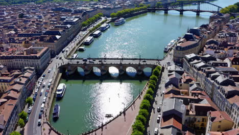 aerial view of a charming european city on a river