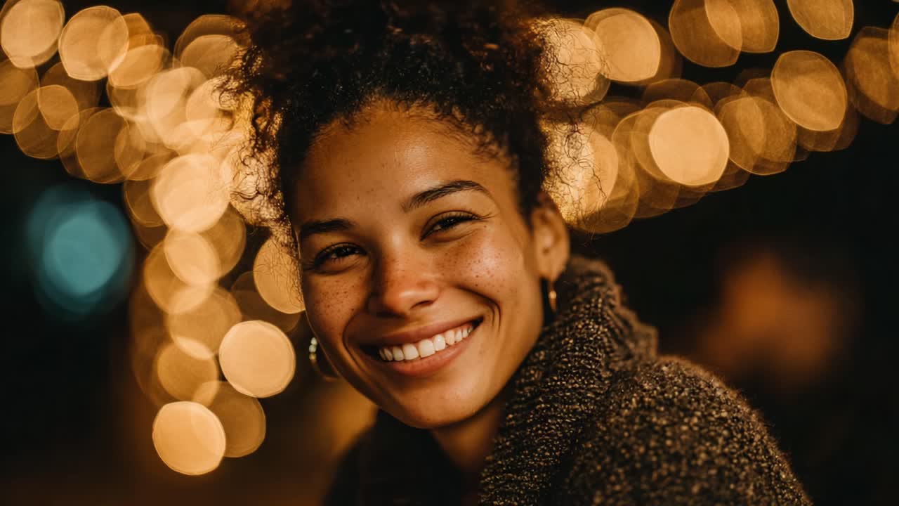 A Warm and Radiant Smile Illuminated by Festive Lights, Capturing the Joy and Beauty of a Cheerful Moment Amidst a Dreamy Background of Glowing Bokeh Effects