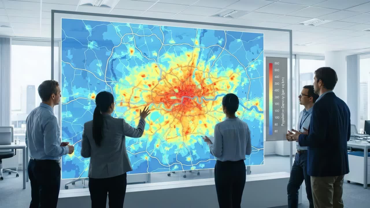 Business Meeting Analyzing Population Density Heat Map