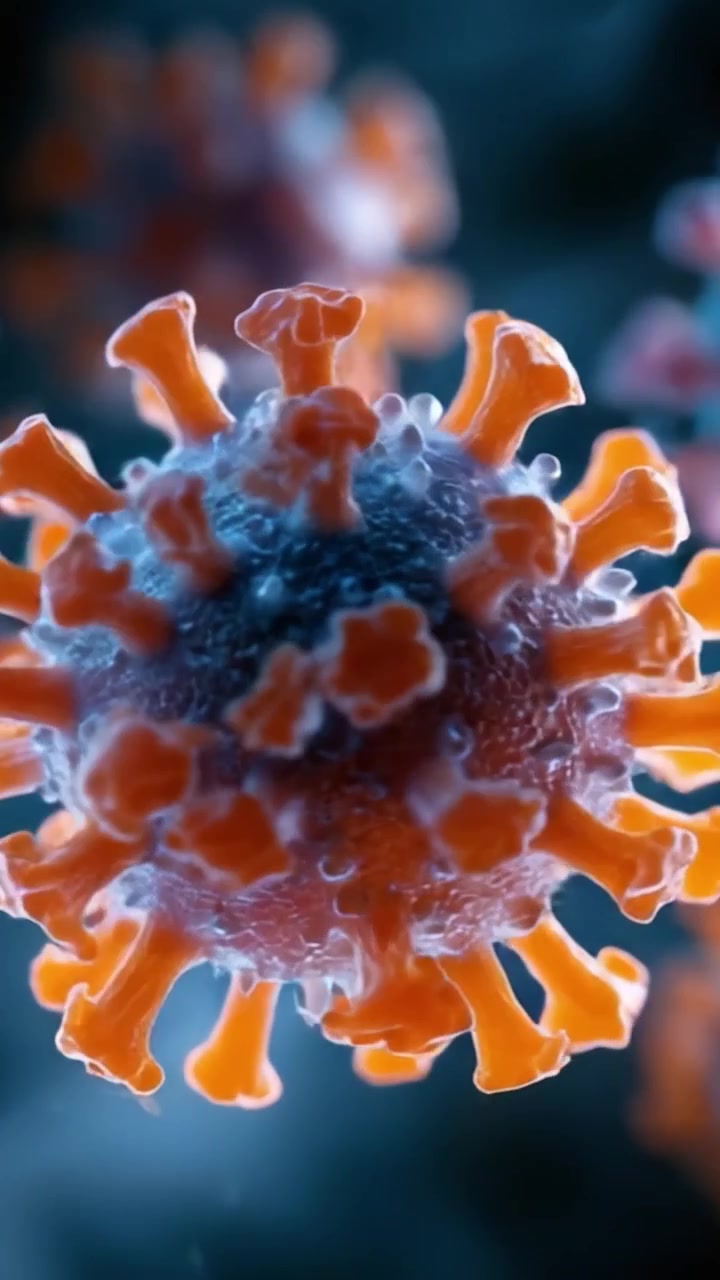 Close-Up Imagery of a Virus Particle Highlighting Its Intricate Structure and Colorful Features, Captured to Illustrate Microbial Complexity and Scientific Focus