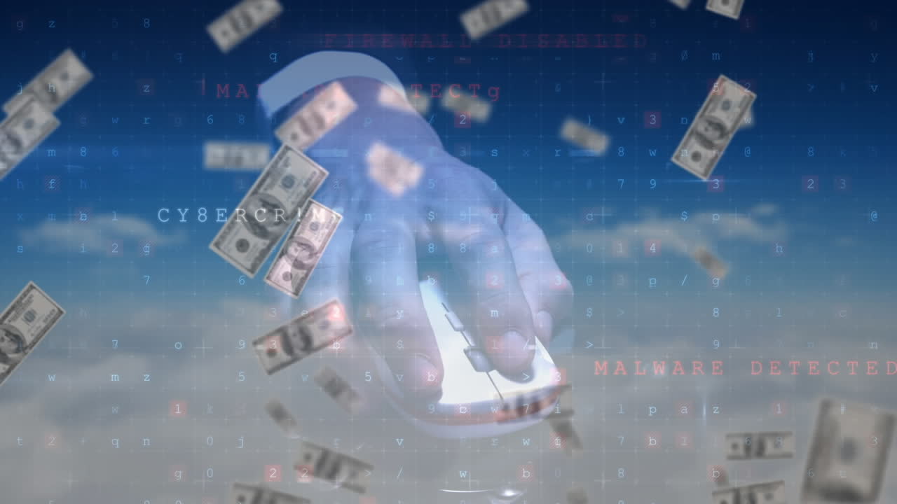 변하는 숫자 와 떨어지는 달러 지폐 위 에 마우스 를 들고 있는 손 의 애니메이션