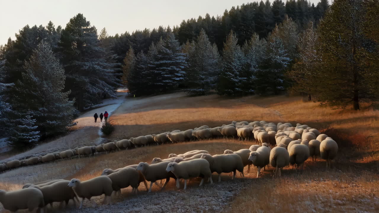 A flock of sheep being herded up a snowy hill towards people walking on a path
