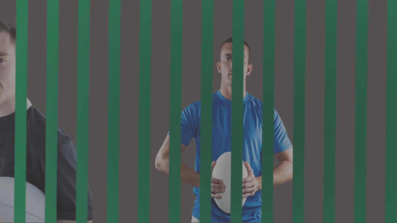 Strisce verdi diagonali in movimento che rivelano due uomini che tengono palloni ovali, regolando la presa per una pubblicità sportiva