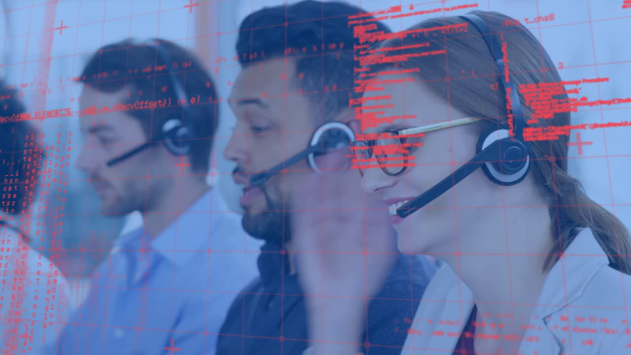 Animation of data processing over diverse business people using phone headsets