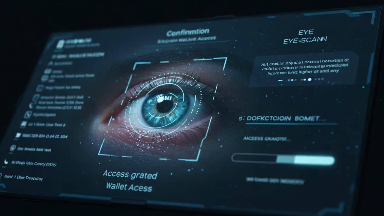 Futuristic Eye-Scan Technology Interface: Secure Wallet Access Confirmation with Biometric Verification and High-Tech Digital Display Elements