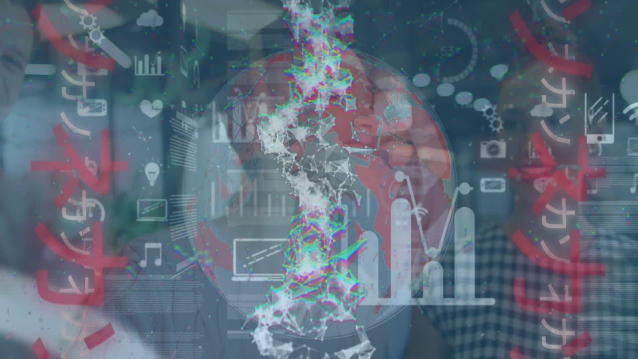 animação do globo e processamento de dados financeiros sobre pessoas de negócios que trabalham no escritório.