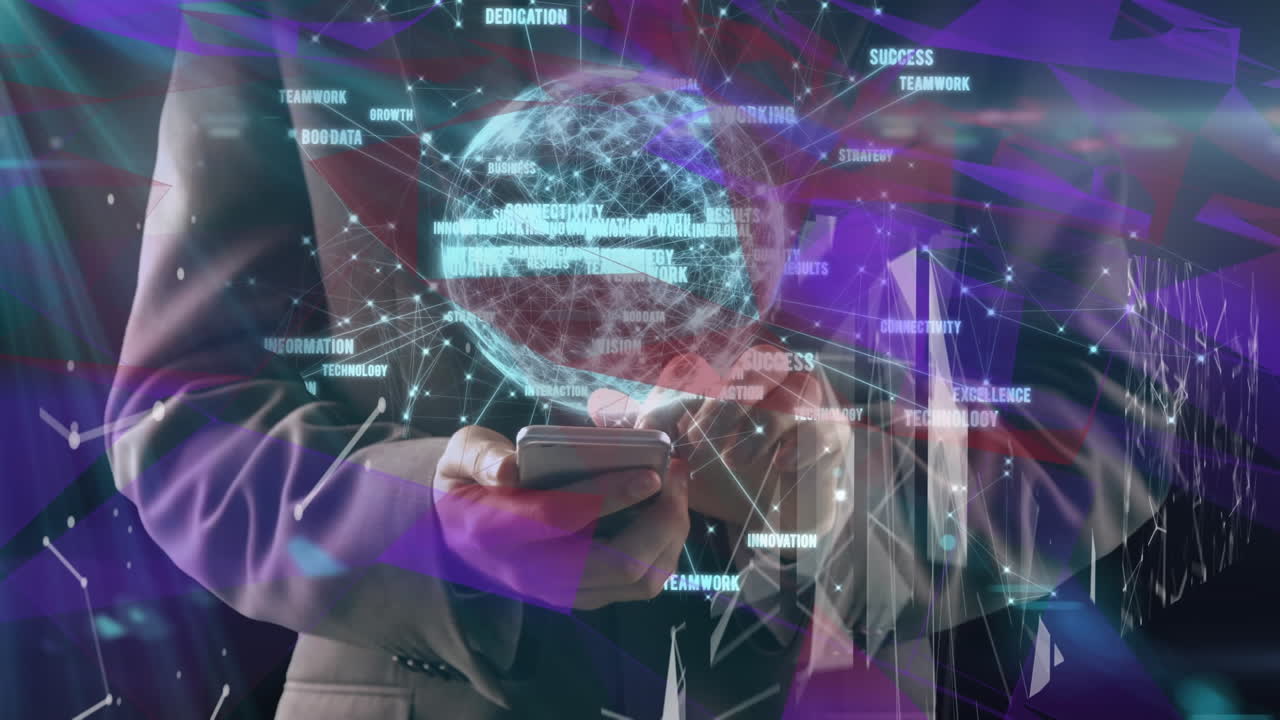 Animation of network on connection and globe over man using smartphone
