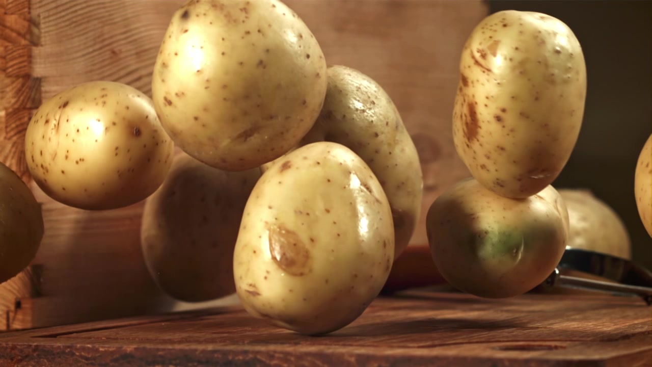 Patate fresche crude che cadono su un tagliere di legno al rallentatore
