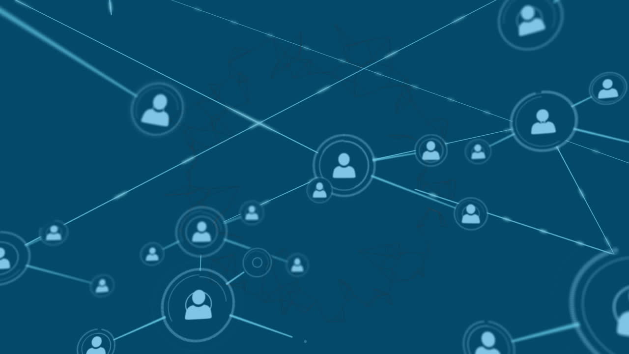 animación de la red de conexiones con iconos de medios en fondo azul