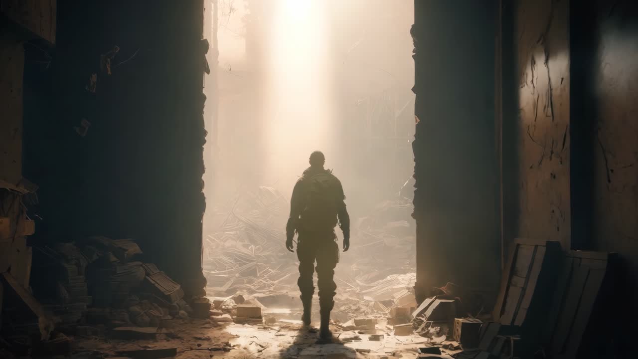 un hombre caminando a través de una puerta abierta en una habitación oscura