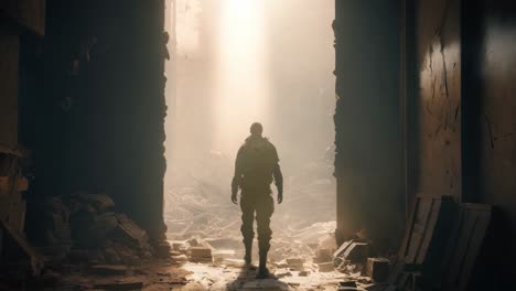 a man walking through an open doorway in a dark room