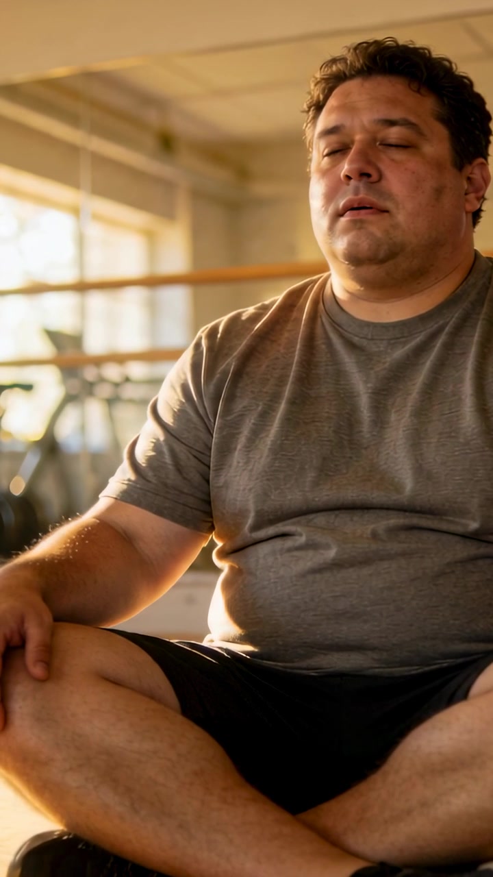 Vídeo vertical: Aula começando, homem meditando enquanto sentado na academia com camiseta cinza e shorts pretos, bicicletas