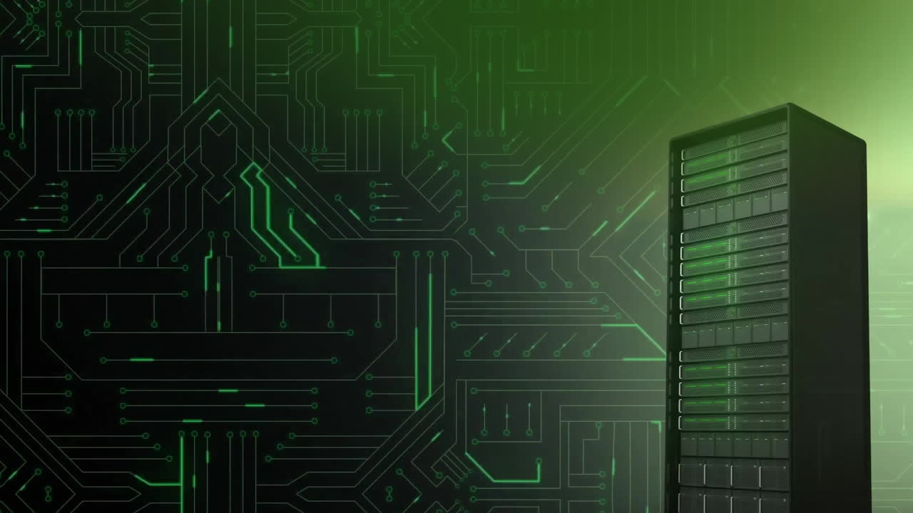 Animation of digital data processing on circuit board and computer server