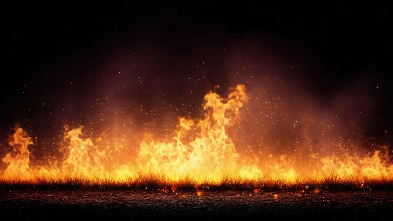 Chamas Dinâmicas Irrompendo em uma Exibição Luminosa de Fogo e Faíscas Contra um Fundo Escuro, Perfeito para Representar Calor, Energia e Transformação na Mídia Visual