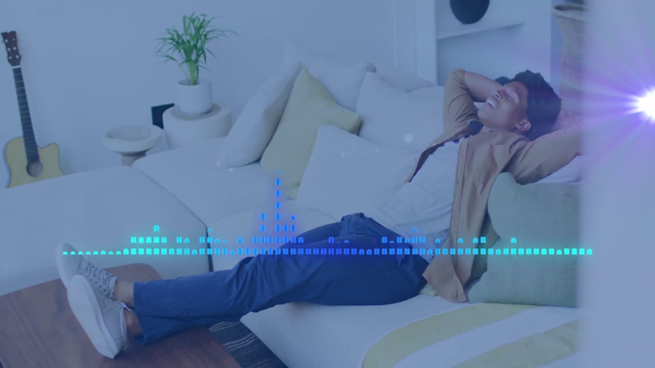 Animation of music data processing over african american man with headphones