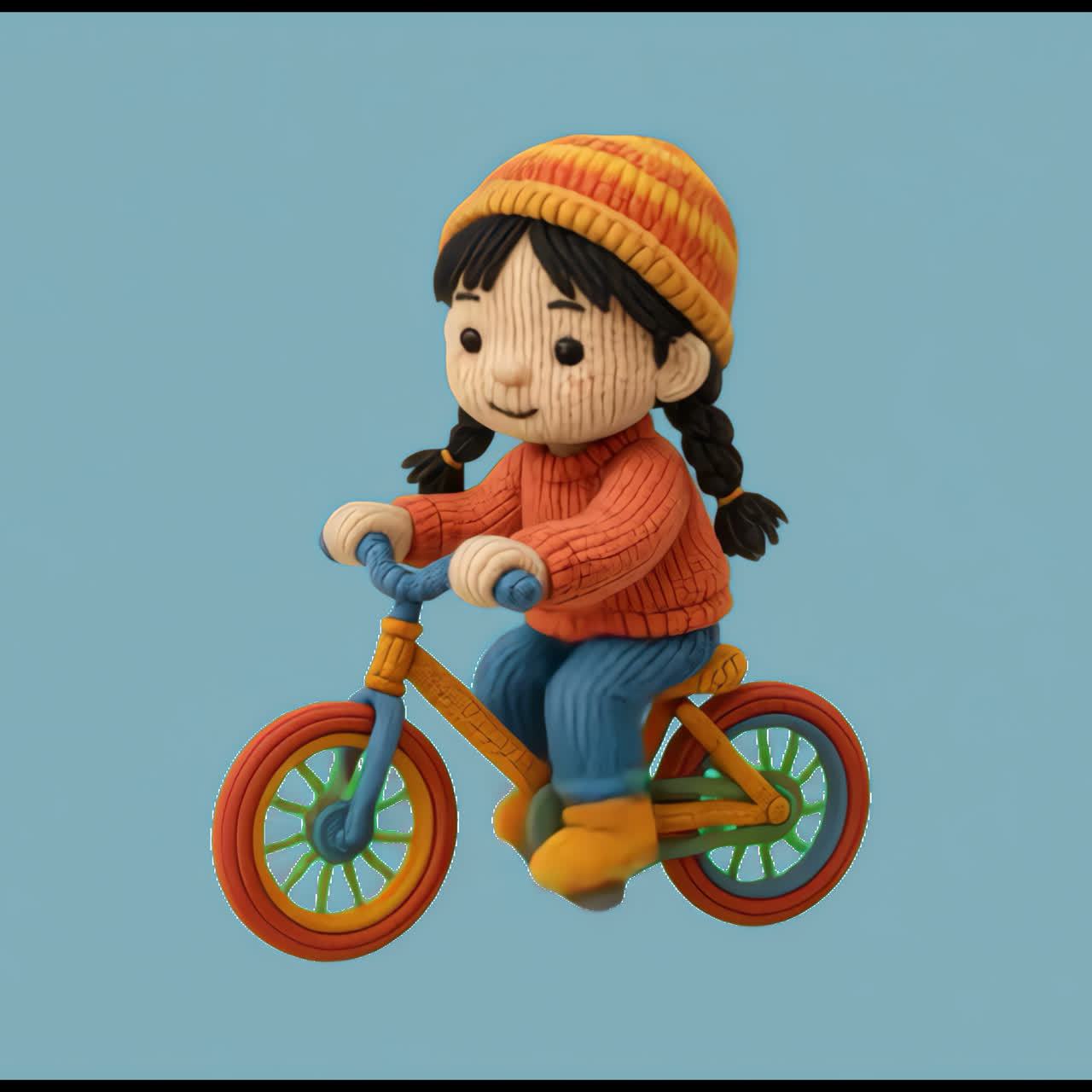 Clay child riding colorful bicycle animation isolated asset, transparent 4K video, alpha channel