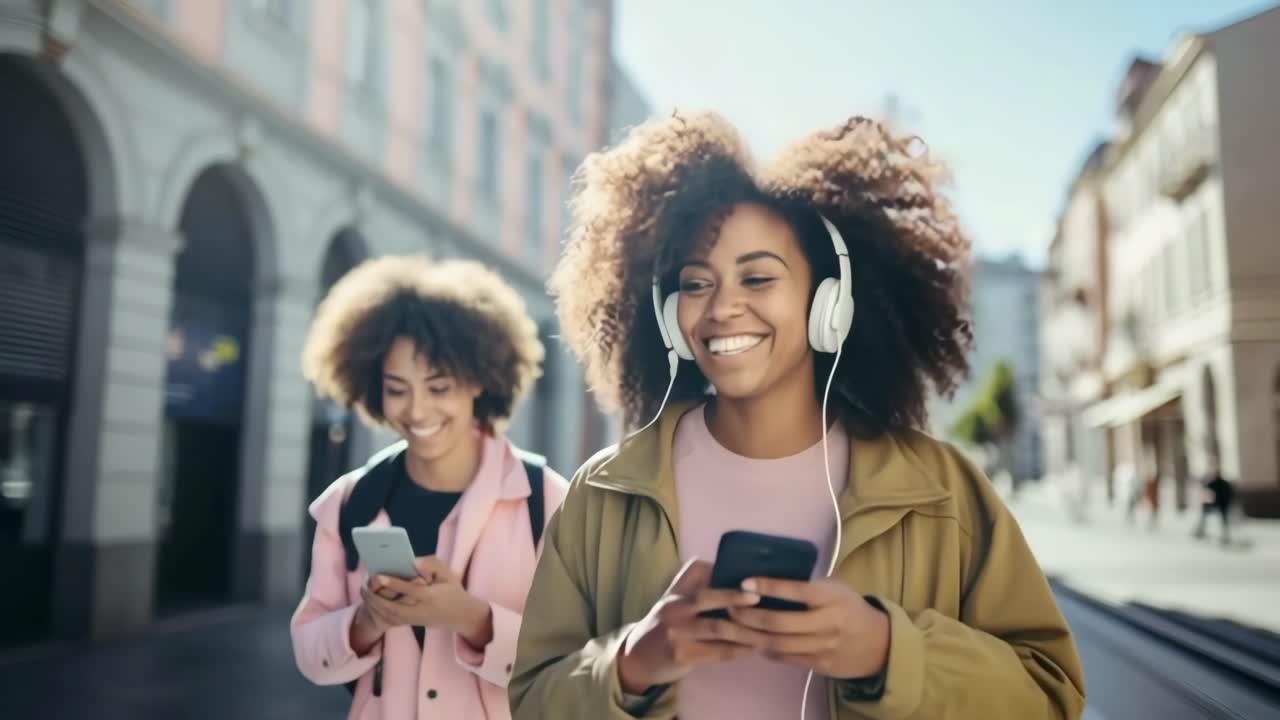 To venner, der går i en by, smiler og bruger telefoner. Optagelse i frøperspektiv indfanger et levende, ægte øjeblik.