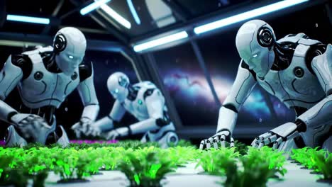 innovative robotics: cutting-edge androids cultivating greenery in a futuristic space environment with advanced technology and life sciences