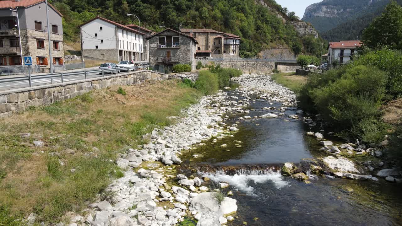 Drone footage along an almost dry river in the town of Urzainqui in Northern Spain
