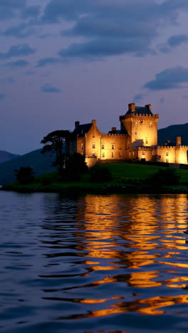 eilean donan castle illuminated at dusk reflected in loch duich