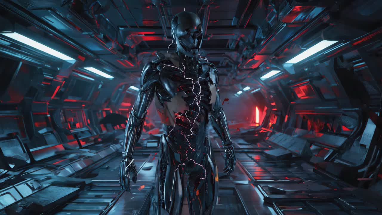 Fractured Android in a Dark Futuristic Corridor