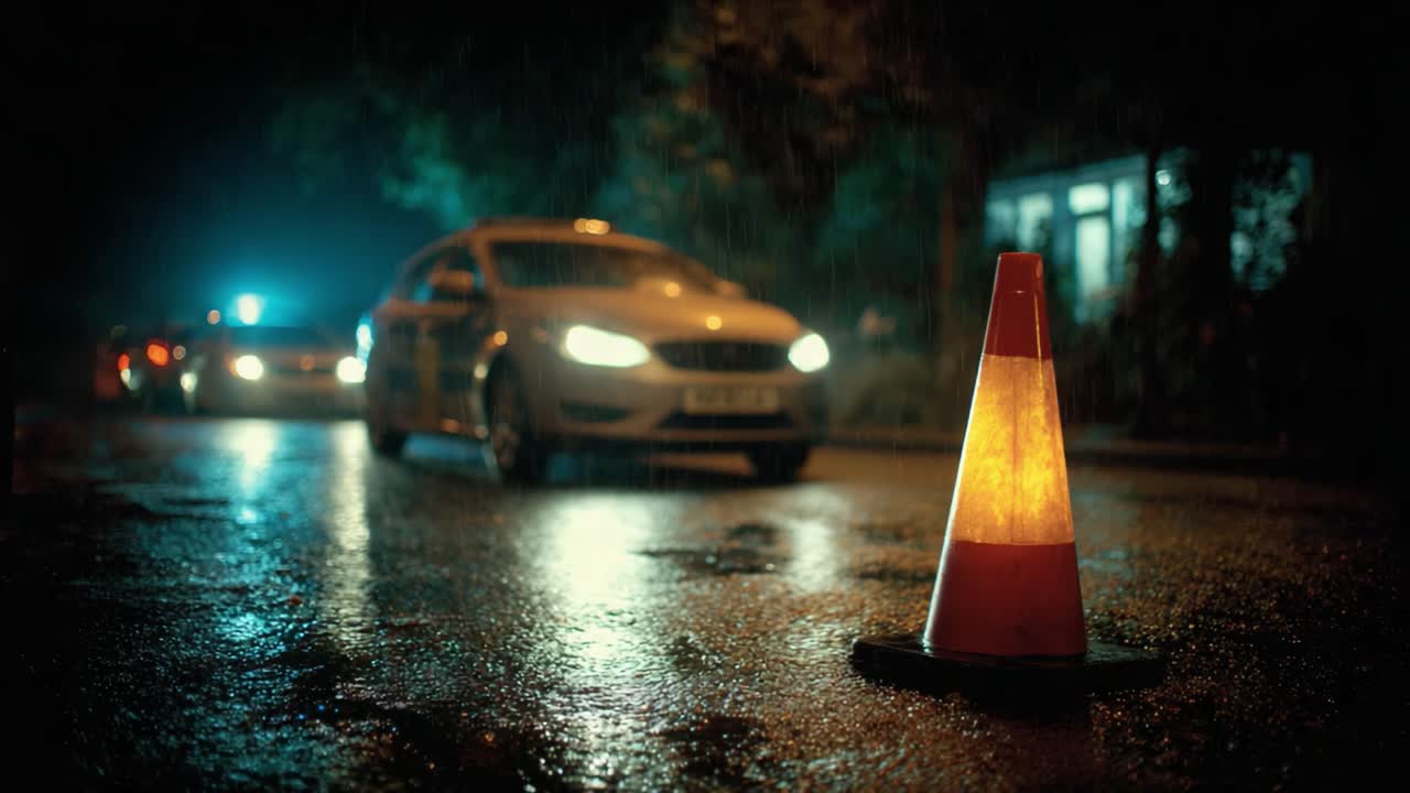 A Rainy Night Encounter: Traffic Cones and Cars Illuminate the Wet Streets While Emergency Lights Flash in the Distance