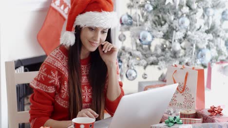 Smiling-young-woman-surfing-for-Christmas-bargains