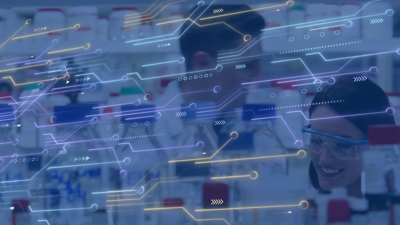 Scrolling tech overlay causing frame shift, woman scientist leaning and inspecting vials for study