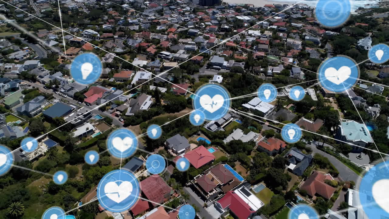 animación de la red de conexiones con iconos sobre el paisaje urbano