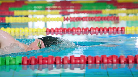 swimmer swimming a front crawl, preparing for a freestyle competition, side shot