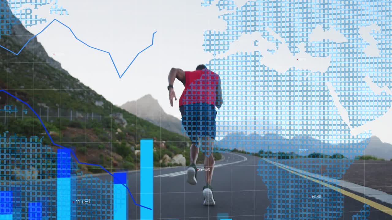 animación de gráficos sobre hombre afroamericano corriendo al aire libre