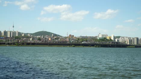 Cloudy-Day-in-Seoul,-Han-river-waterfront,-Namsan-tower-and-Yongsan-District-on-Background,-static,-wide-angle,-4k,-copy-space,-template