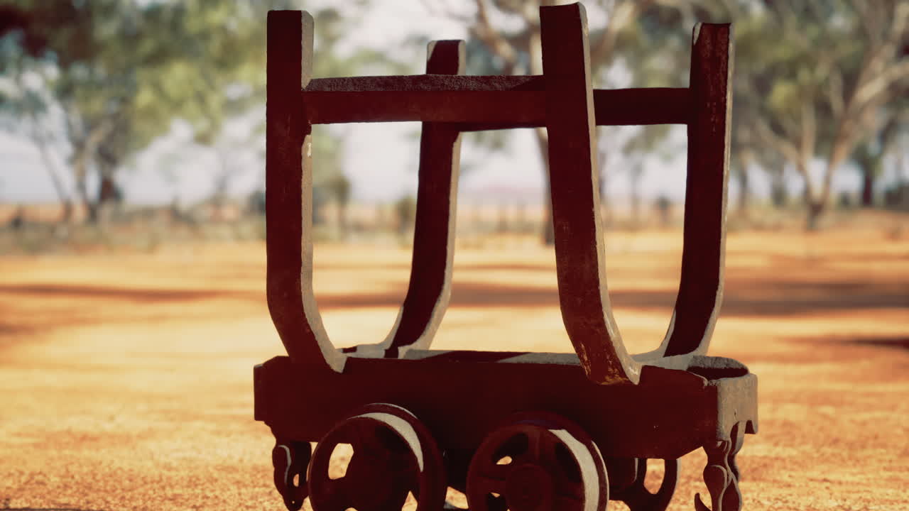 Old wooden cart resting against a backdrop of dusty earth and trees