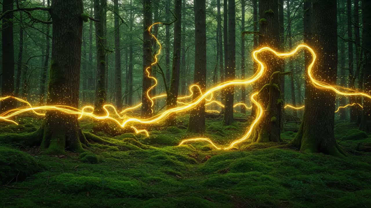 Enchanting Forest Landscape Featuring Ethereal Golden Energy Trails Danced Through Lush Greenery, Creating a Mystical Atmosphere of Nature's Wonder and Magic